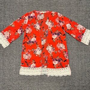 Rewind Red Floral Kimono with Lace Trim